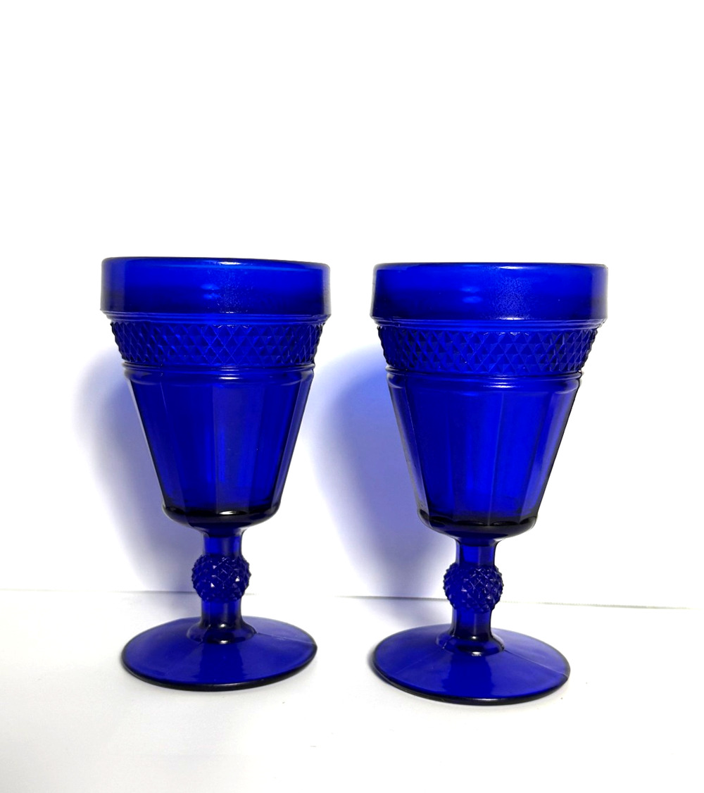 Pair Vintage Cobalt Blue Glass Goblets Diamond Point Ball Stem 6" MCM
